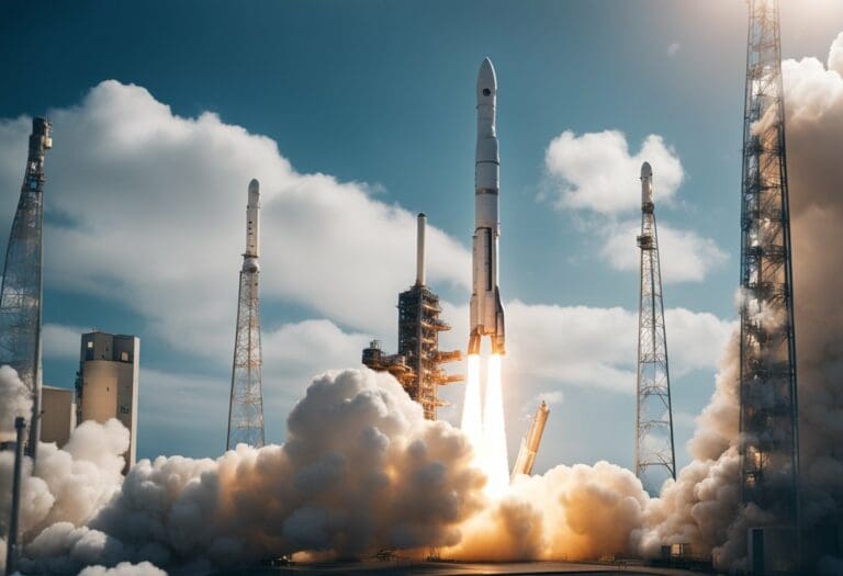 Rocket launch from a launchpad with multiple gantry towers, clear sky, and clouds of smoke at the base, inspiring the next generation of astronauts.