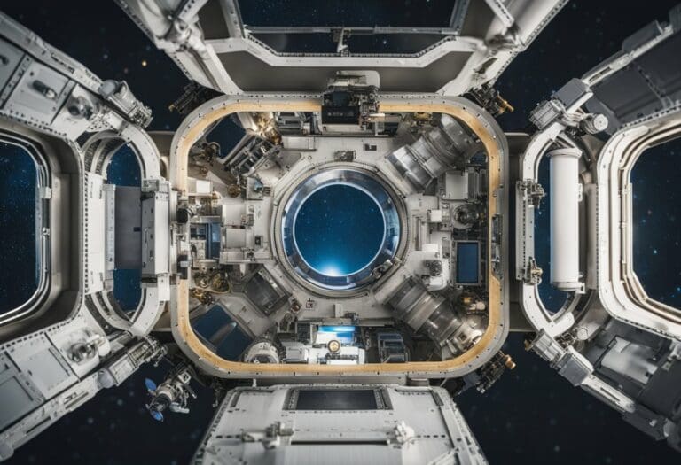 Interior view of a spacecraft module with a circular window showing Earth, surrounded by complex equipment dedicated to space science experiments and framed by open hatches.