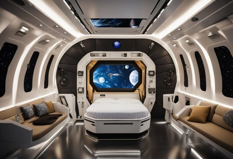 Futuristic spaceship bedroom with a large window showcasing a view of Earth, surrounded by star-themed decor integrating pioneering technologies, and featuring a centrally placed bed flanked by cozy seating areas.