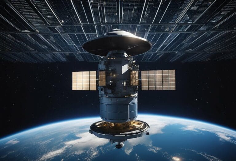 A satellite orbits Earth, equipped with solar panels and a detailed structure, set against the backdrop of space, showcasing advanced Space Tech.