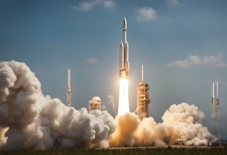 Rocket launch at a spaceport, with the vehicle ascending amid billowing clouds of smoke against a clear sky, symbolizing innovation in space exploration.