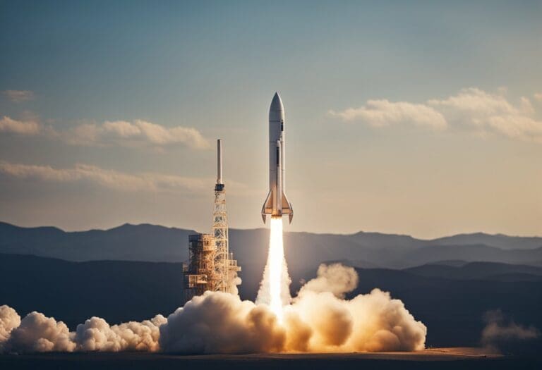 Rocket launching from a launch pad with a plume of smoke and fire against a clear sky at sunset, marking an upcoming launch in space tourism.