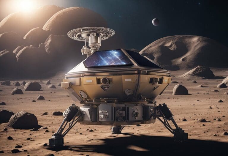 A futuristic robotic lander on a rocky, barren alien planet, engaged in extraterrestrial exploration, with large celestial bodies visible in the sky above.