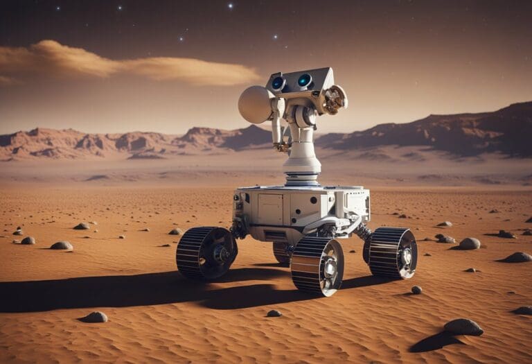 A robotic rover exploring a desert landscape resembling Mars, conducting a space mission with mountains in the background and a starry sky above.