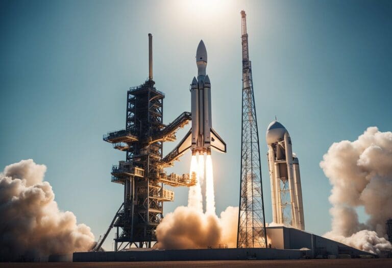 A rocket launching from a pad, with fiery exhaust and billowing smoke, signifies a new frontier in private space exploration, set against a clear blue sky.