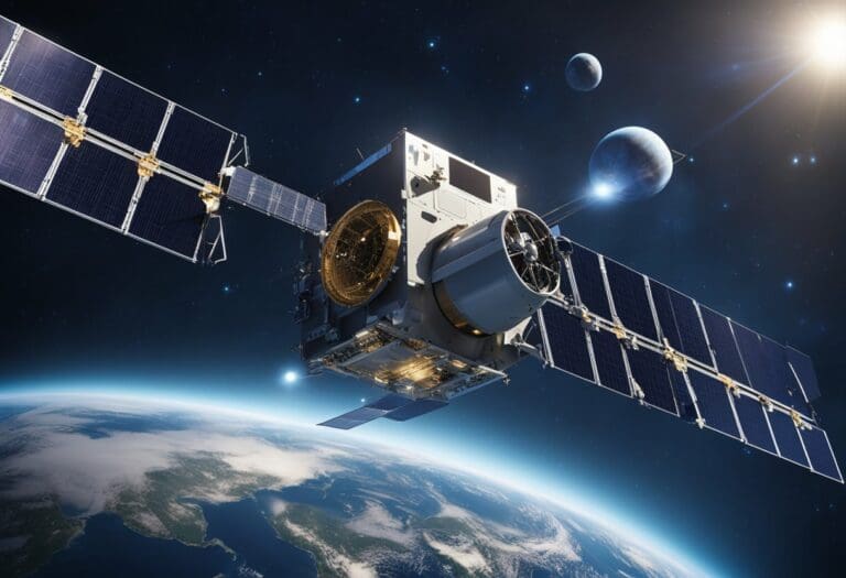 A satellite with large solar panels orbits earth, capturing the cosmos with the moon and another planet visible in the background in space.