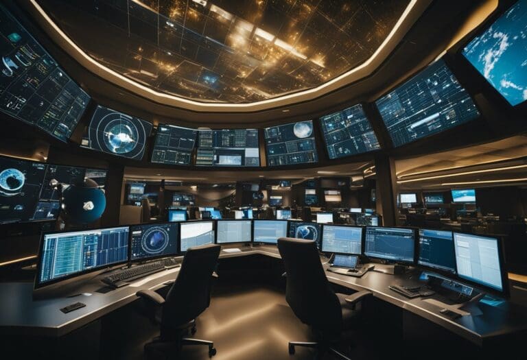 High-tech command center with multiple computer screens displaying global data and space debris management strategies, set in a dimly lit room with a curved, panoramic overhead display.