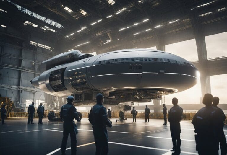 A futuristic spacecraft in a large hangar with crew members standing around, suggesting preparations for a commercial spaceflight mission.