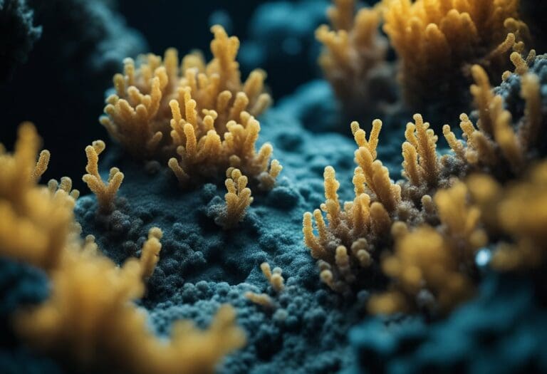 Close-up of vibrant yellow coral with intricate branches on a dark, textured underwater surface, hinting at discoveries in astrobiology.