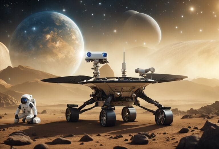 Astronaut and robotic rover unveiling possibilities on a desert-like alien planet with large planets visible in the sky.