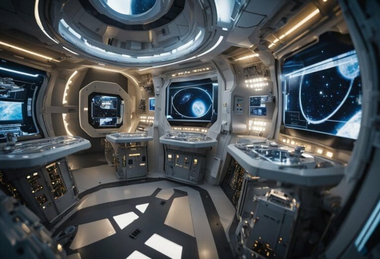 Interior of a futuristic spacecraft control room with multiple high-tech life support systems and a view of Earth from space through a large circular window.