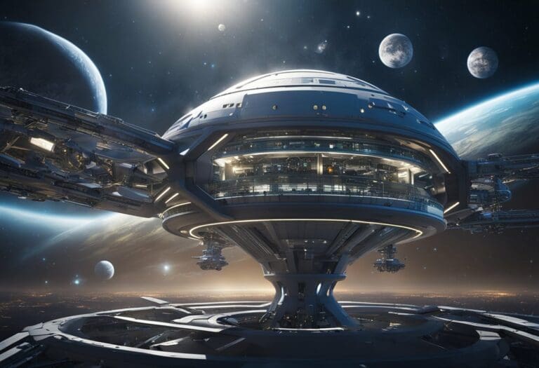 A futuristic space station orbits a planet, surrounded by multiple moons and a vast star field, highlighting advanced architecture and technology for an enhanced space tourism experience.