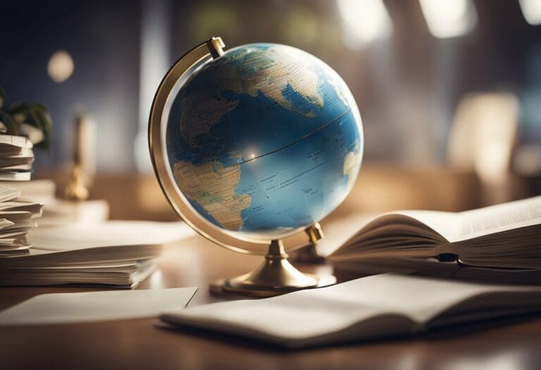 A desktop globe on a stand centered on a wooden table, surrounded by open books in a warmly lit study room, highlights Emerging Space Nations.