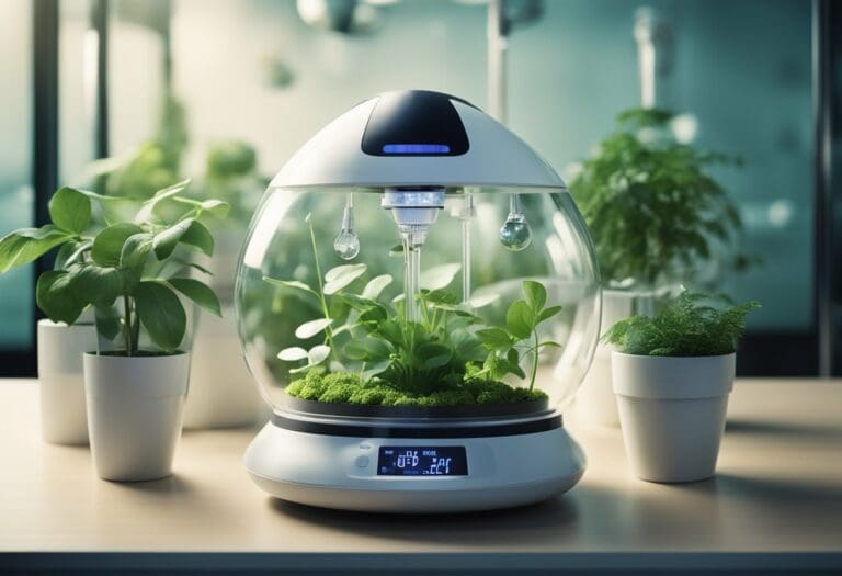 A high-tech indoor garden with plant pods growing under an LED light in a controlled environment, displaying temperature, humidity, and zero gravity effects on a digital panel.