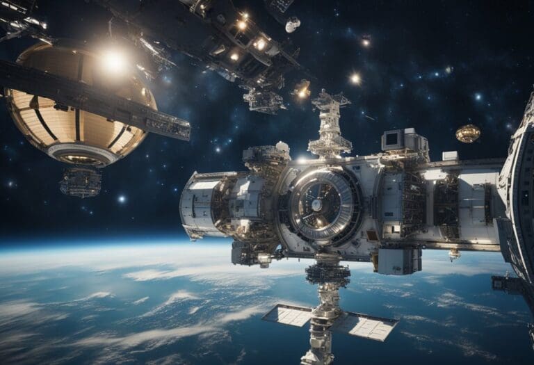 Detailed depiction of a space station orbiting earth, showcasing Space Exploration with multiple modules and satellites visible against a starry sky.